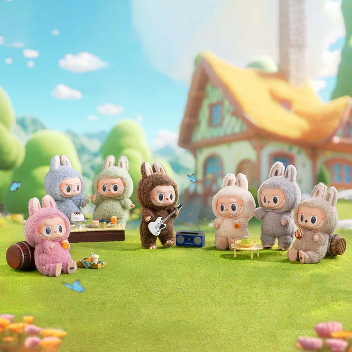 POP MART authentic Labubu blind boxes featuring cute animal costume figures having a picnic outdoors