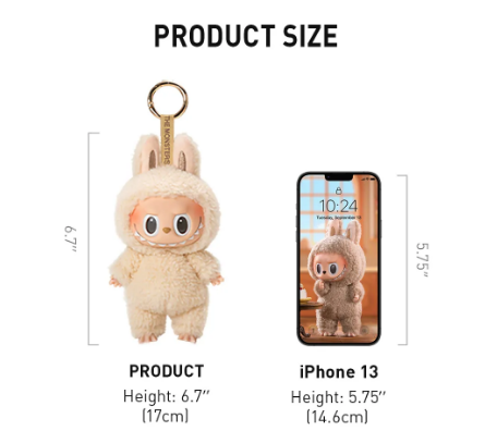 Size comparison of authentic Labubu blind boxes plush keychain 6.7 inches tall next to iPhone 13 5.75 inches tall
