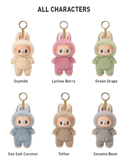 POP MART authentic Labubu blind boxes featuring plush keychains in six characters Soymilk Lychee Berry Green Grape Sea Salt Coconut Toffee Sesame Bean