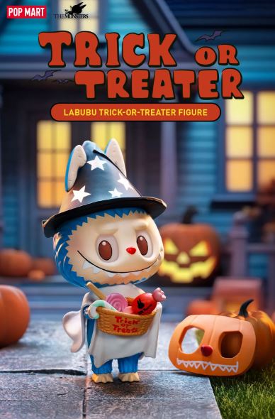 POP MART Labubu Trick-or-Treater collectible figure wearing witch hat holding candy bucket with pumpkins background