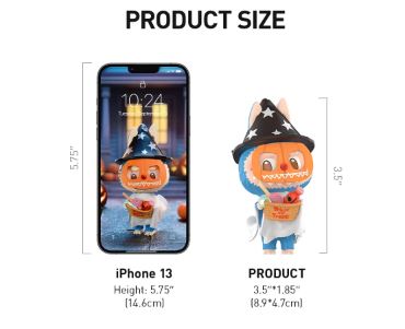 POP MART Labubu Trick-or-Treater collectible figure next to iPhone 13 for size comparison