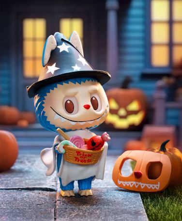 POP MART Labubu Trick-or-Treater collectible in wizard costume holding candy basket with Halloween pumpkins