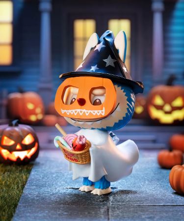 POP MART Labubu Trick-or-Treater collectible figure wearing pumpkin mask and wizard hat with candy basket