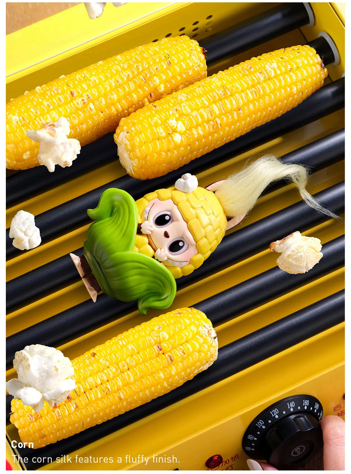 POP MART Labubu Wacky Mart Series blind box figure with corn design on yellow corn grill with popcorn