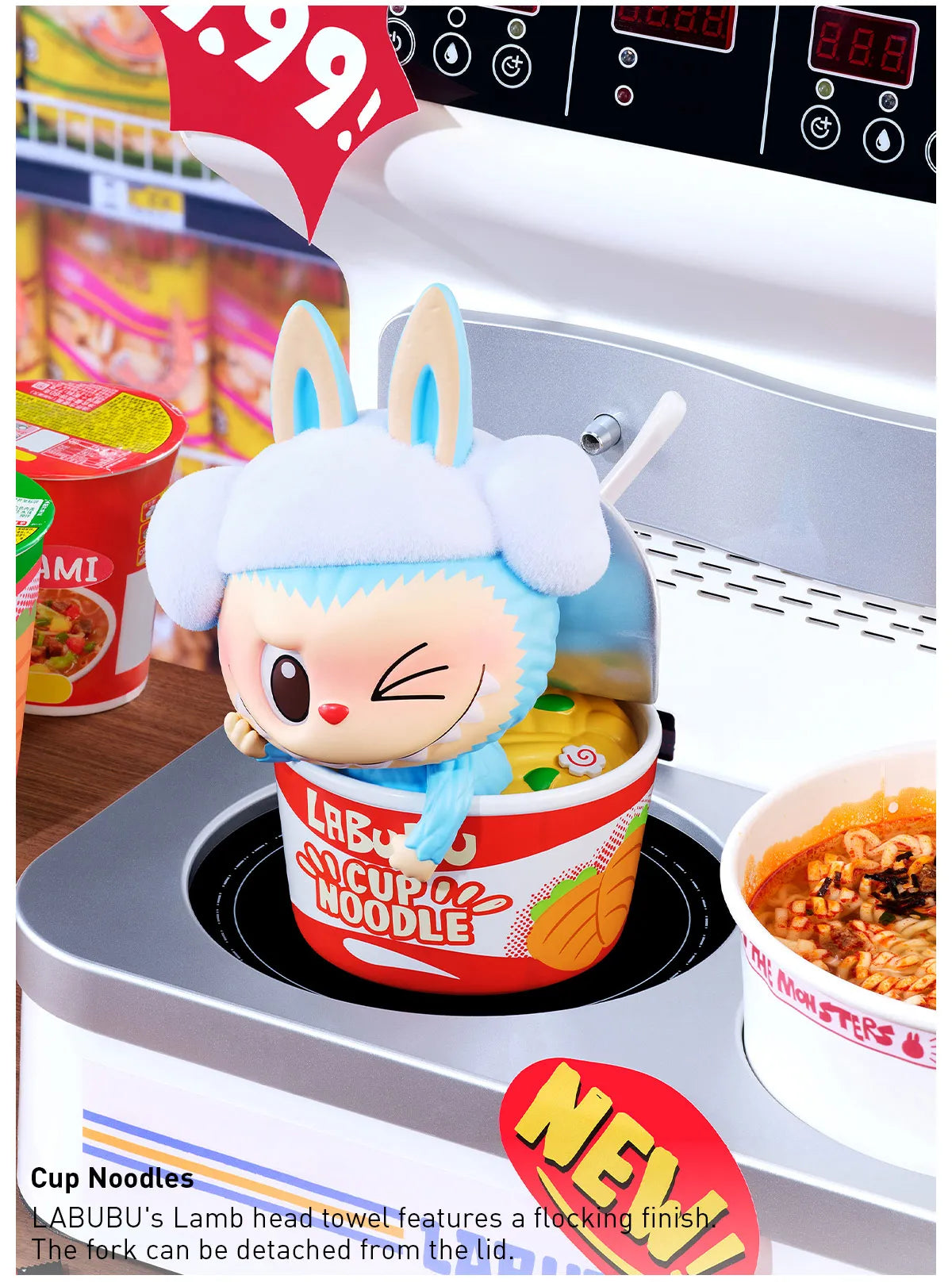 POP MART Labubu Wacky Mart Series blind box figure sitting inside a cup noodles container