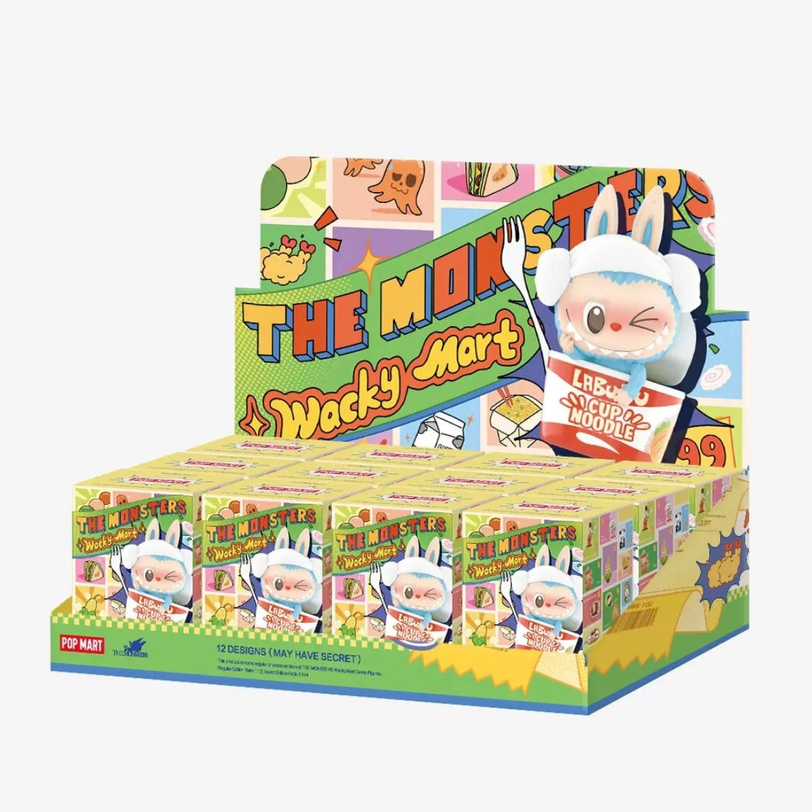 POP MART Labubu Wacky Mart Series blind box collectible figure display with colorful packaging