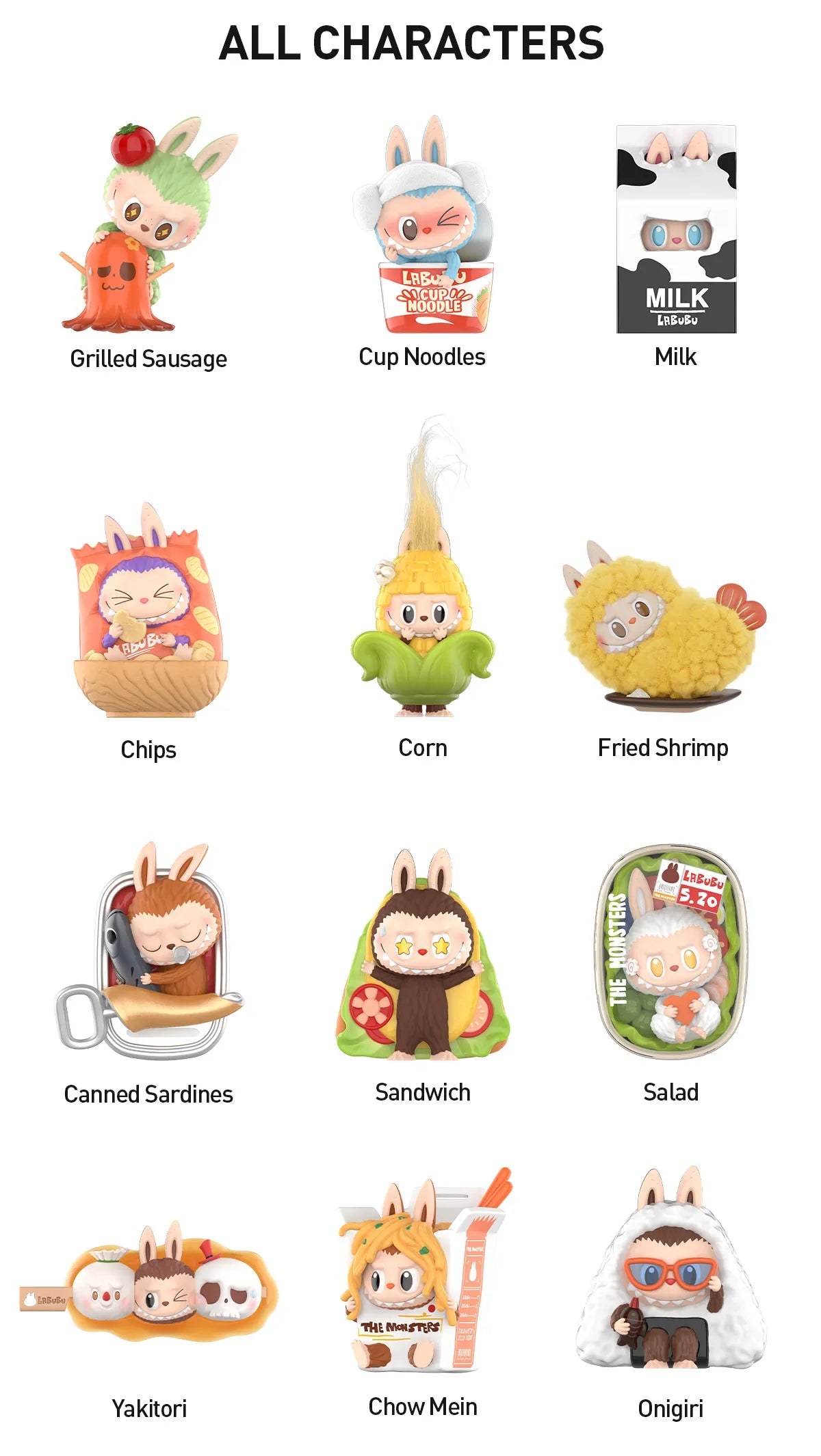 POP MART Labubu Wacky Mart Series blind box characters including Grilled Sausage, Cup Noodles, Milk, Chips, Corn, Fried Shrimp, Canned Sardines, Sandwich, Salad, Yakitori, Chow Mein, and Onigiri