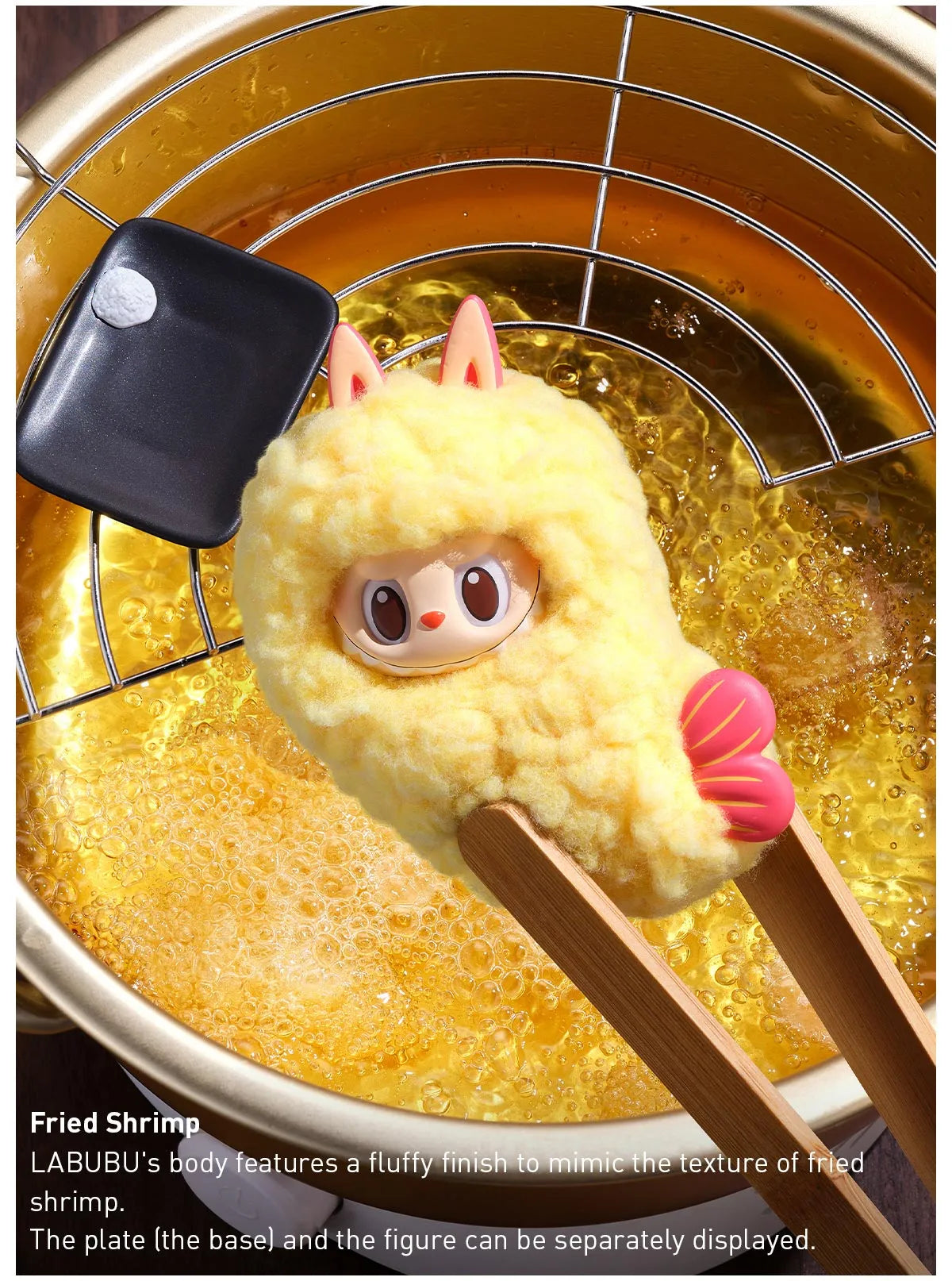 Labubu Wacky Mart Series blind box character dressed as fried shrimp held by chopsticks over hot oil