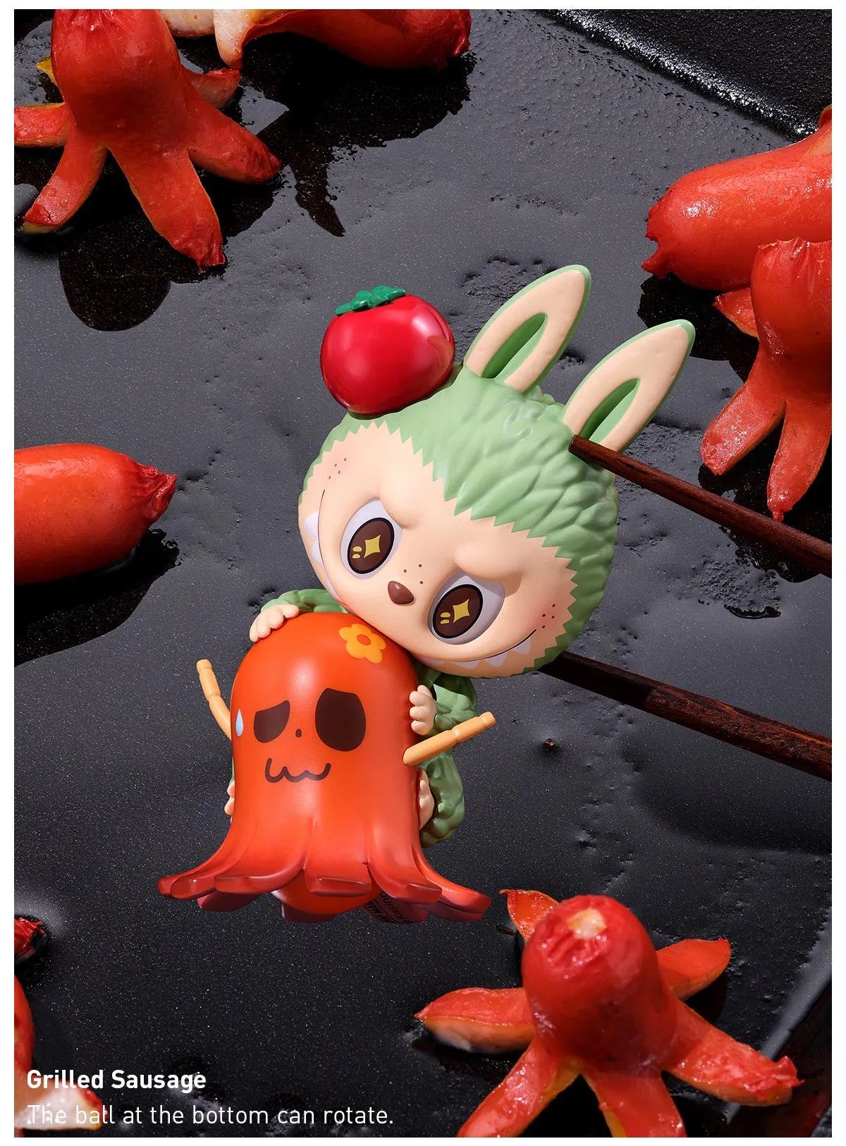 POP MART Labubu Wacky Mart Series blind box figure with green bunny ears holding an orange octopus toy