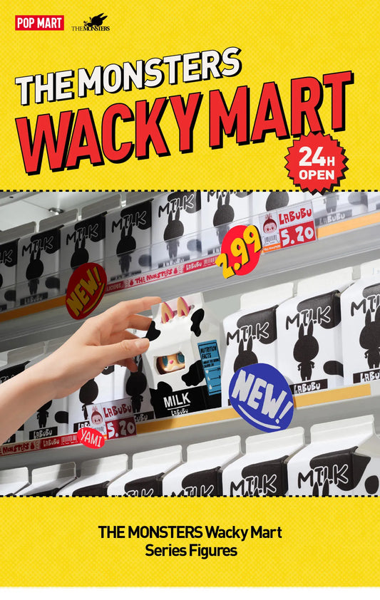 Hand holding Labubu Wacky Mart Series blind box figure among milk carton blind boxes on display shelf