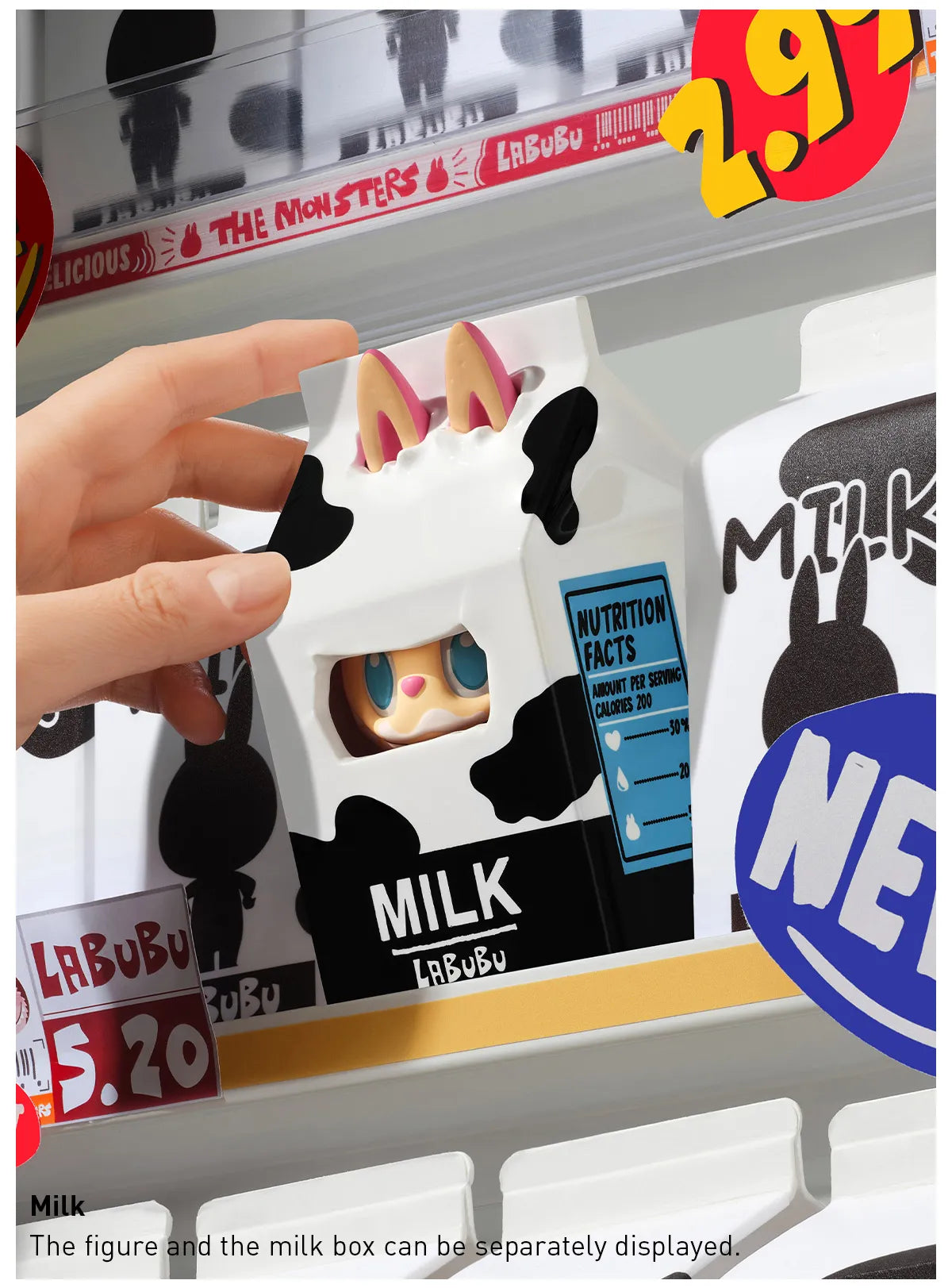 Labubu Wacky Mart Series blind box featuring a milk carton design with a character peeking out