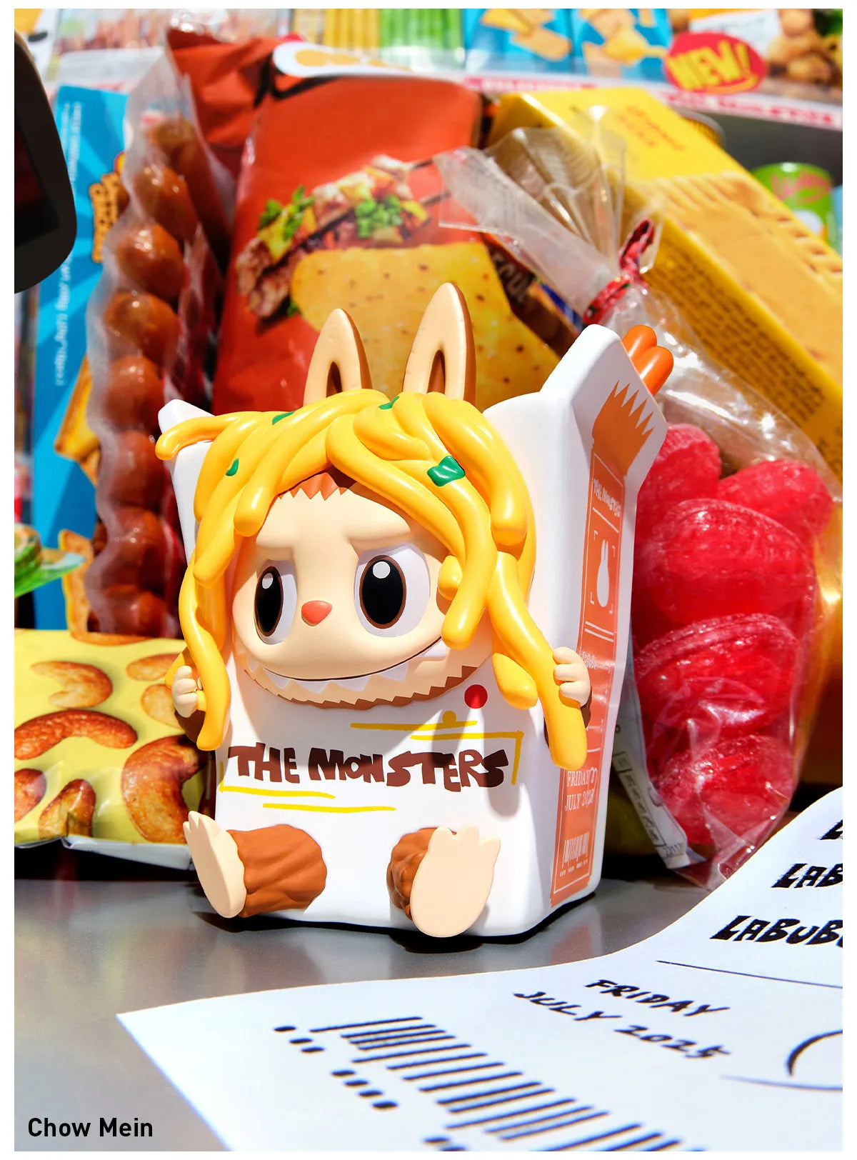POP MART Labubu Wacky Mart Series blind box figure with noodles sitting in a milk carton toy
