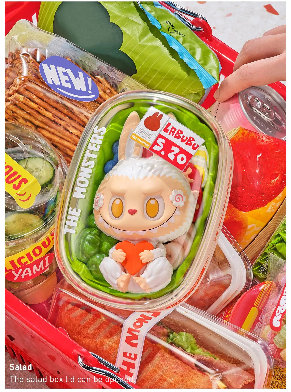 POP MART Labubu Wacky Mart Series blind box figure in a salad-themed packaging with snacks in a red basket
