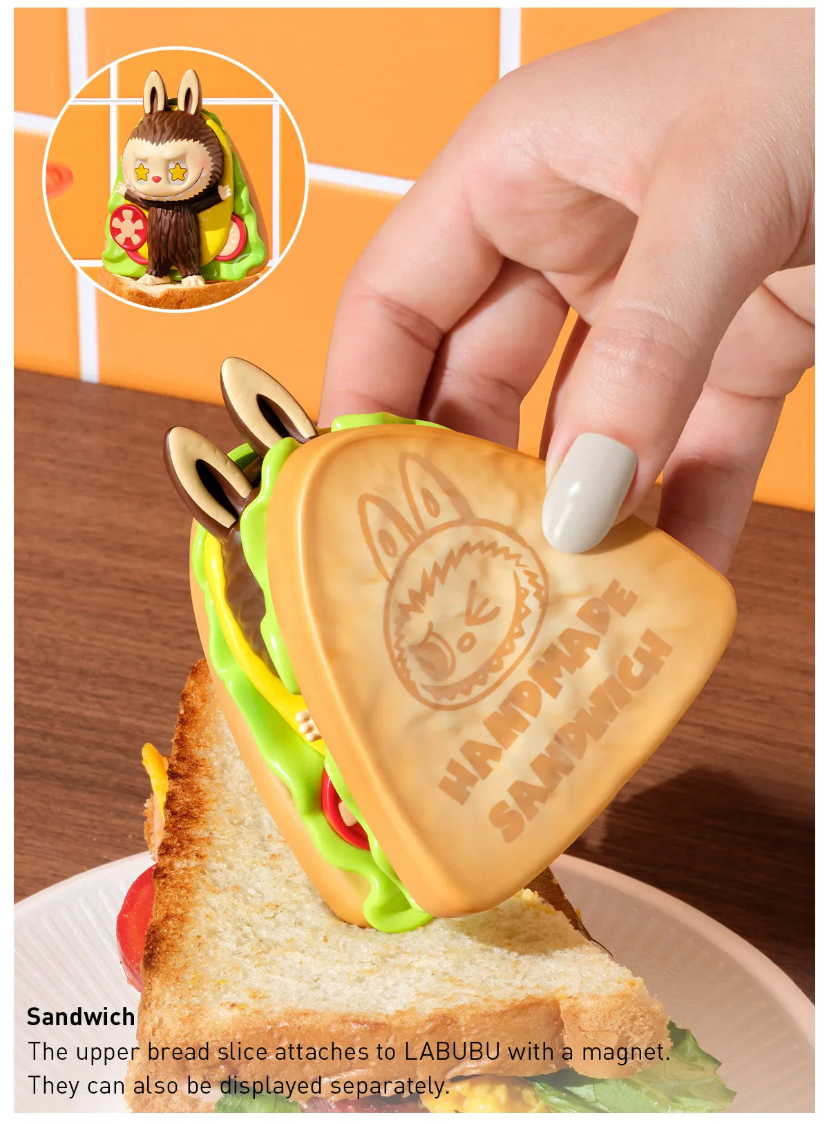 Labubu Wacky Mart Series blind box sandwich toy with magnet held above real sandwich on plate