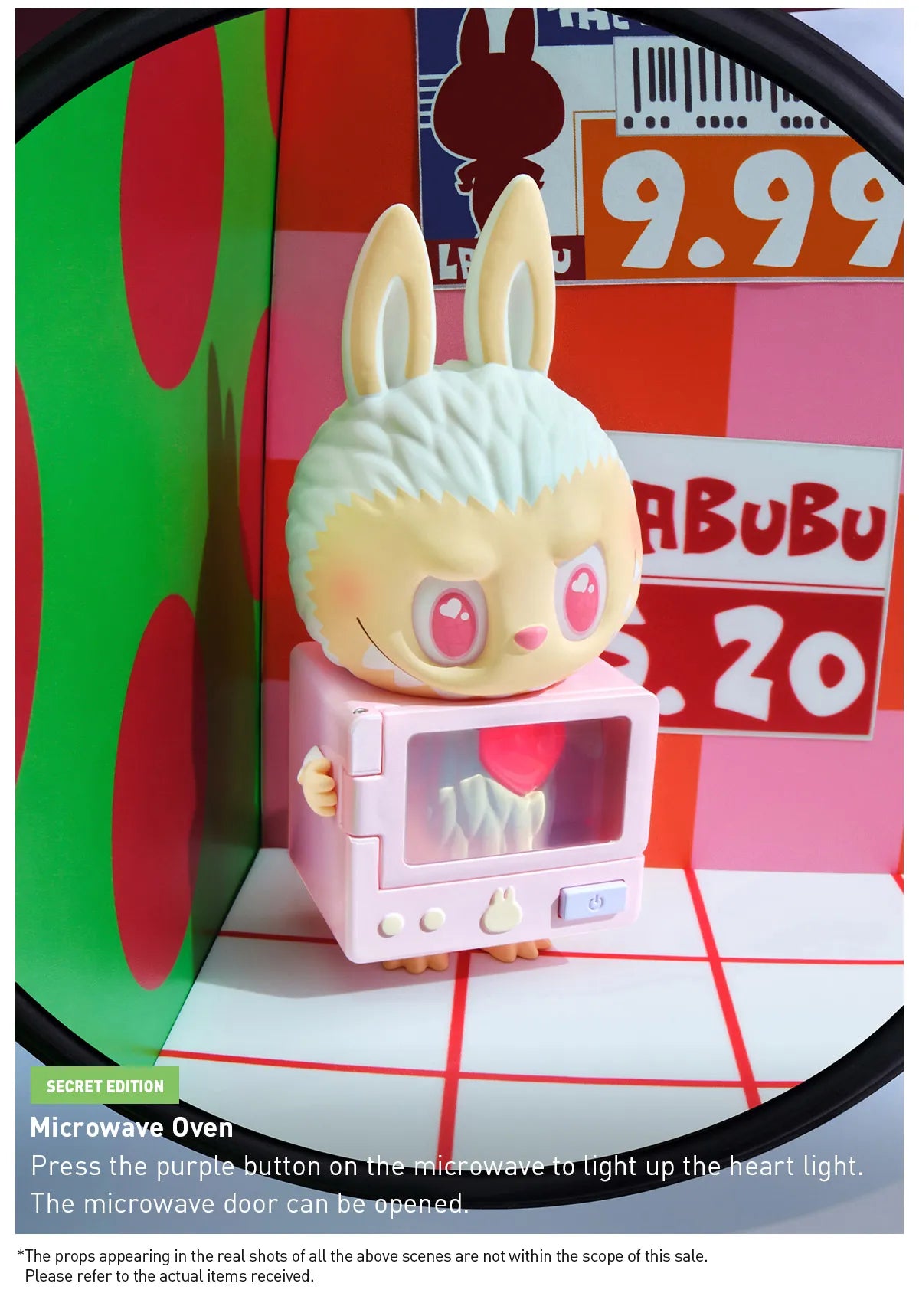 POP MART Labubu Wacky Mart Series blind box figure with rabbit ears holding a pink microwave oven toy