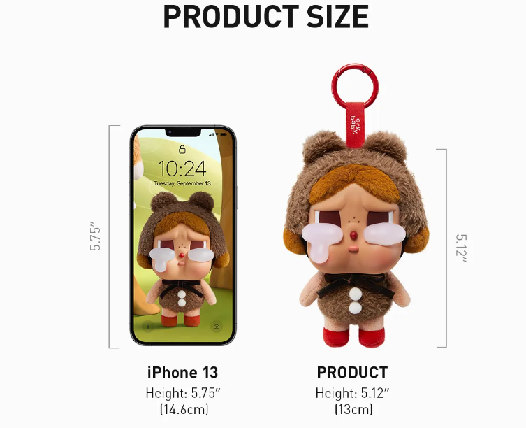 POP MART collectible figure keychain with brown bear hood and red shoes, size comparison with iPhone 13