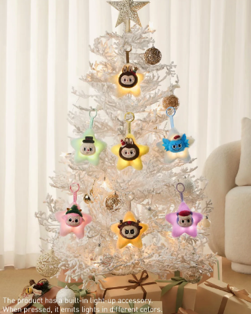 POP MART blind box collectibles star-shaped keychains with light-up feature hanging on white Christmas tree