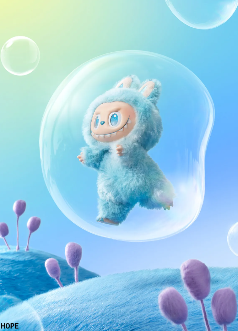 POP MART THE MONSTERS Energy Series blue fuzzy monster figurine inside a transparent bubble in a whimsical landscape