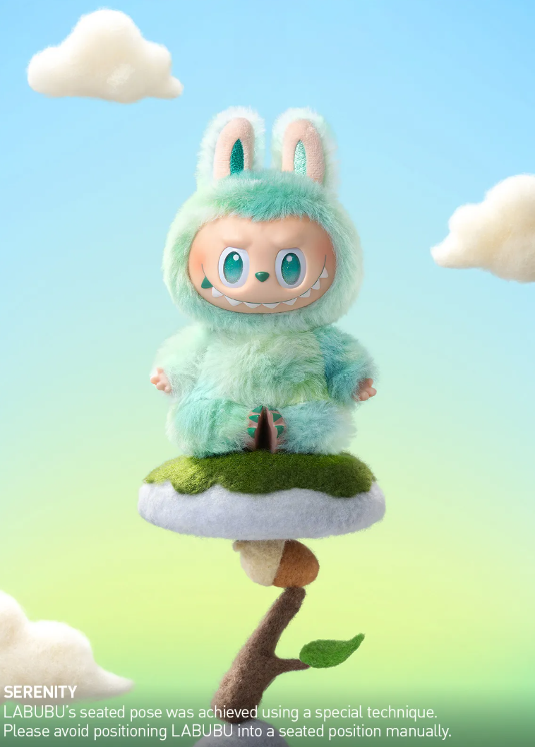 POP MART THE MONSTERS Energy Series LABUBU plush toy in green bunny costume sitting on a floating mossy platform with a whimsical sky background