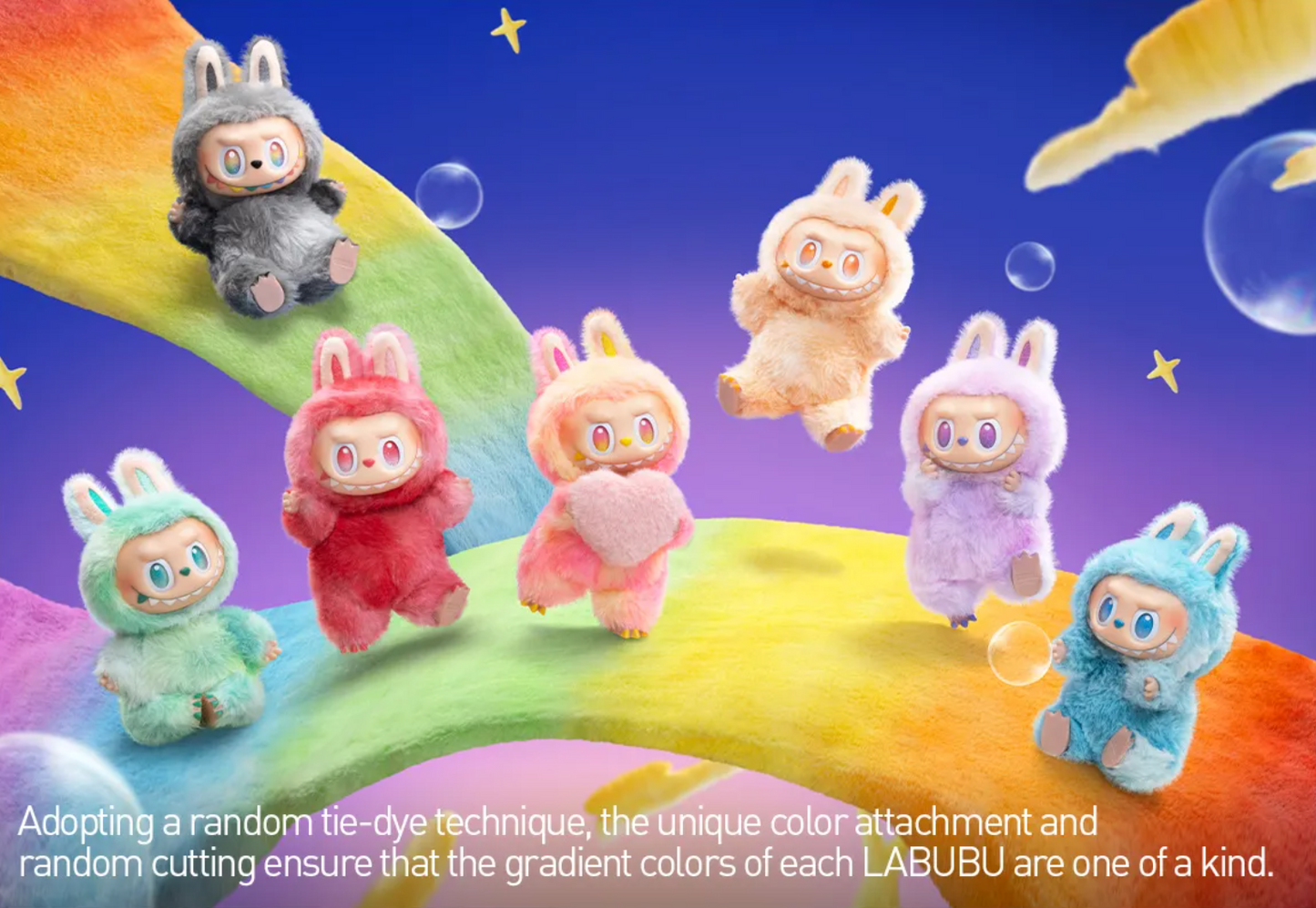 POP MART THE MONSTERS Energy Series plush toys in colorful animal costumes with rainbow background