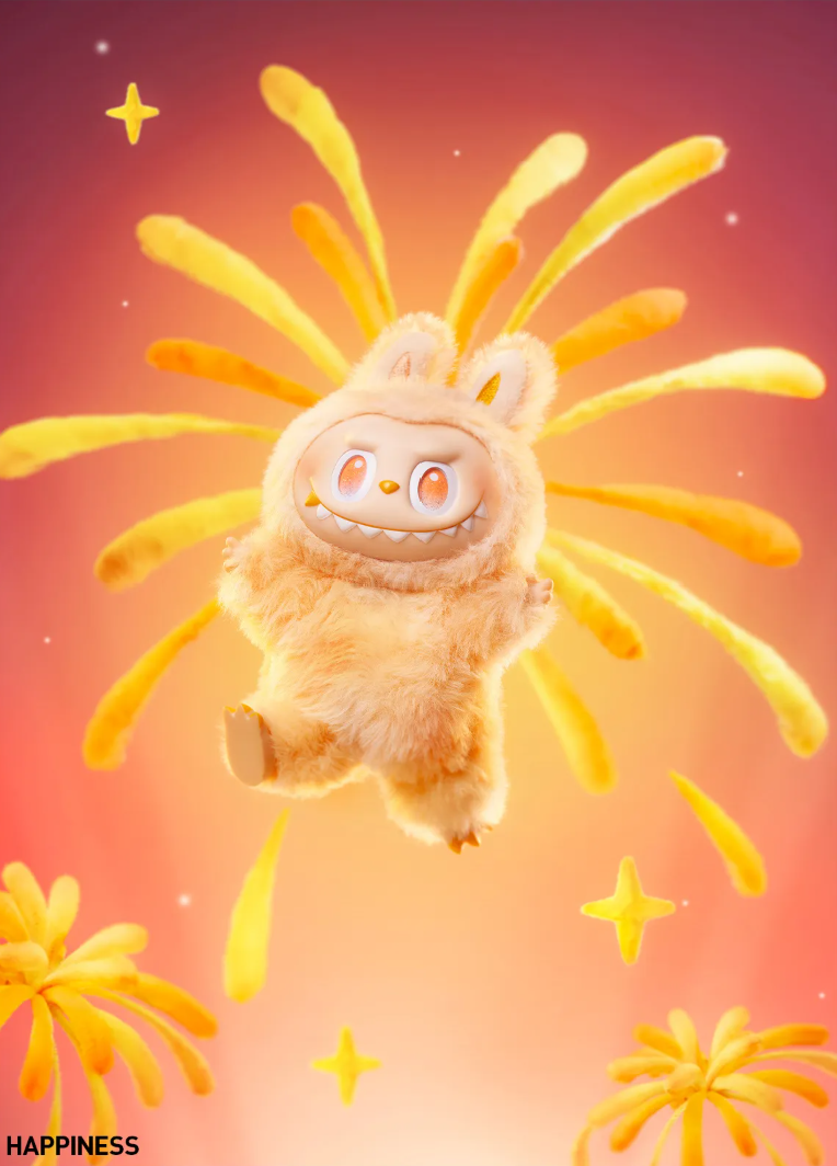 POP MART THE MONSTERS Energy Series yellow fluffy monster figure with bunny ears on glowing background