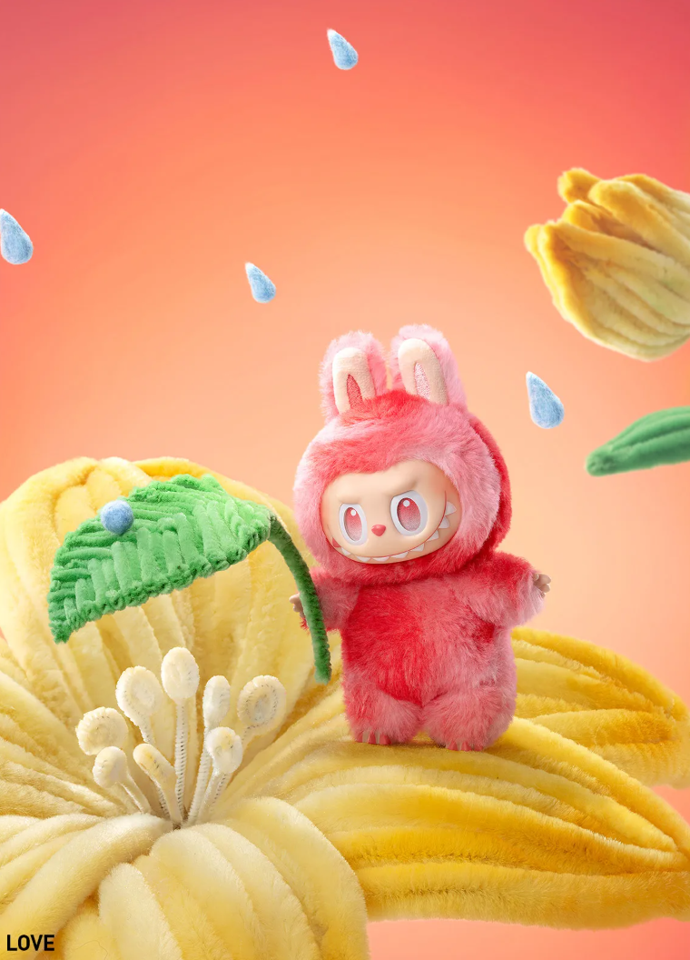 POP MART red plush toy from THE MONSTERS Energy Series standing on a large yellow flower with water droplets around