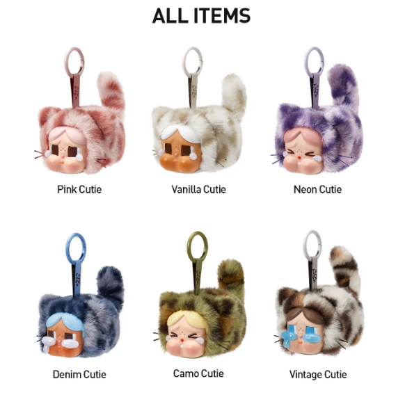 POP MART CRYBABY blind box pendant collection featuring Pink, Vanilla, Neon, Denim, Camo, and Vintage Cutie designs