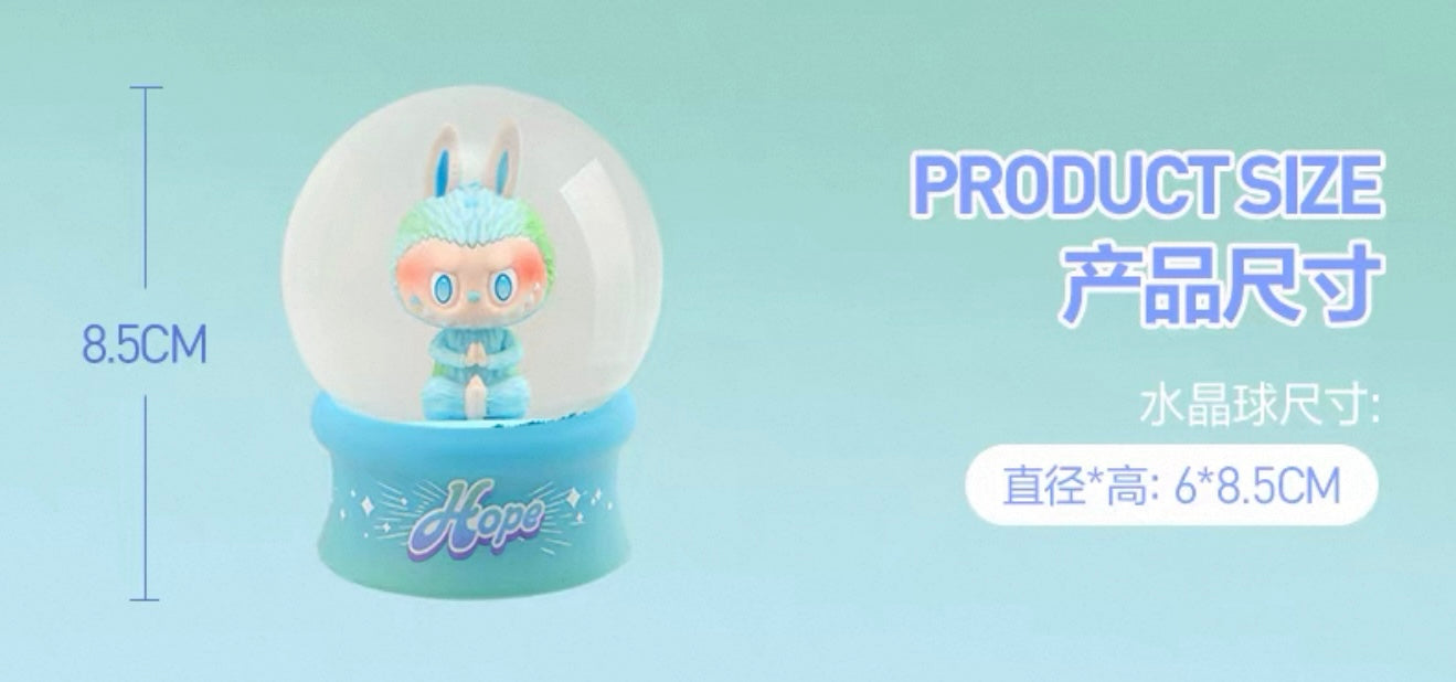 POP MART Labubu crystal ball preorder collectible figure with blue base measuring 8.5 cm tall