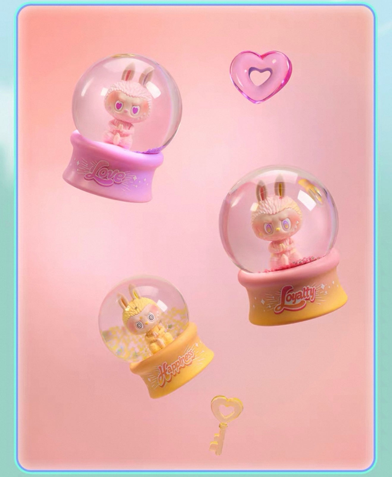 POP MART Labubu crystal ball preorder showing three colorful snow globes with bunny figures inside and heart key on pink background