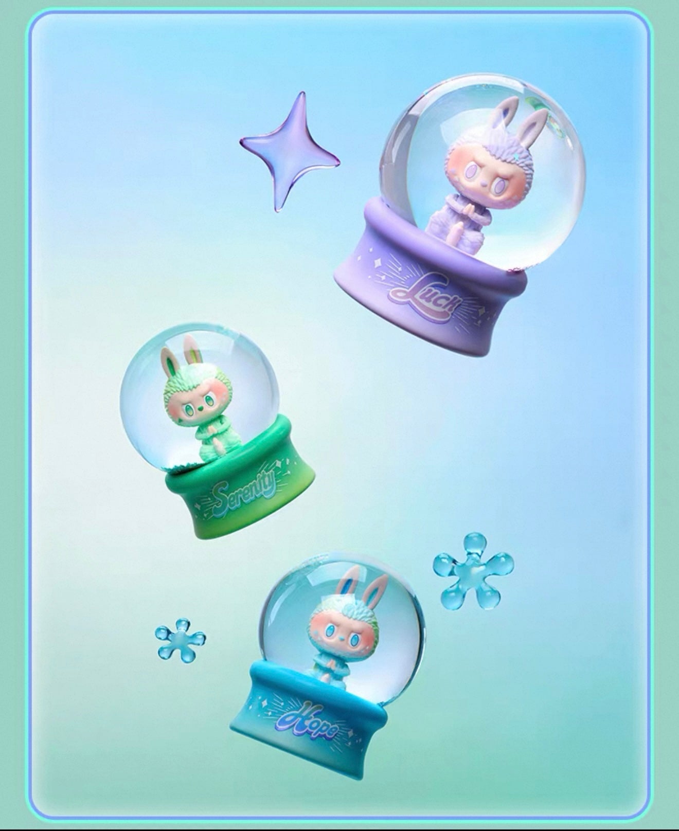 POP MART Labubu crystal ball preorder featuring three colorful bunny figurines inside decorative snow globes