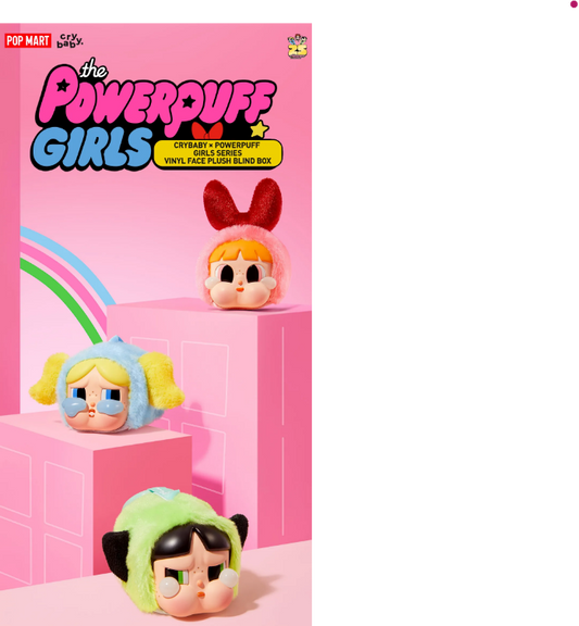 POP MART vinyl Powerpuff Girls plush set featuring Blossom, Bubbles, and Buttercup in cute face plush style