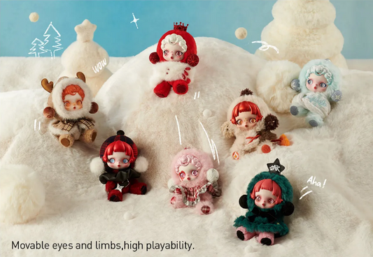 POP MART Skullpanda Winter Symphony plush toys in various winter-themed outfits with movable eyes and limbs