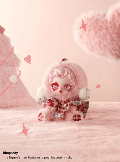 POP MART Skullpanda Winter Symphony plush featuring a pink fluffy design with heart accents