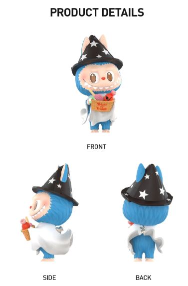 POP MART Labubu Trick-or-Treater collectible showing front side and back views with wizard hat and candy