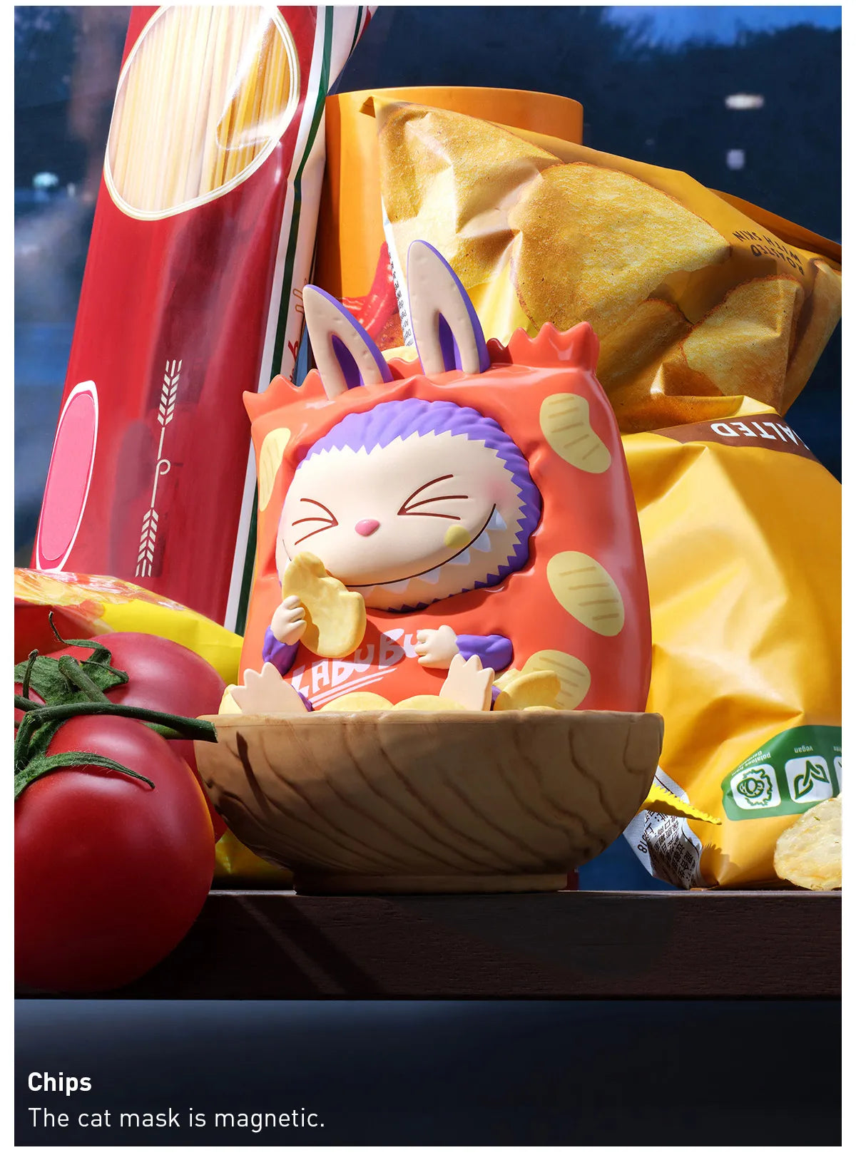 POP MART Labubu Wacky Mart Series blind box figure in cat costume with snacks and tomatoes