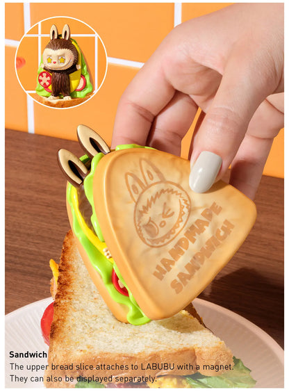 Labubu Wacky Mart Series blind box sandwich toy with magnet held above real sandwich on plate