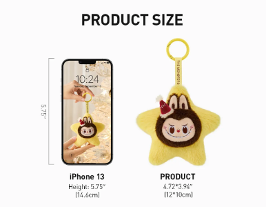 POP MART blind box collectibles star-shaped keychain with cartoon character next to iPhone 13 for size comparison