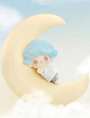 POP MART Dimoo Cloud Companion series figurine with blue hair resting on a crescent moon