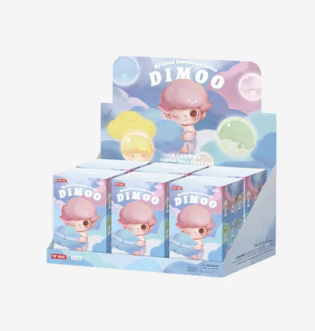 POP MART Dimoo Cloud Companion series figurine boxed collectible toys display with pastel cloud designs