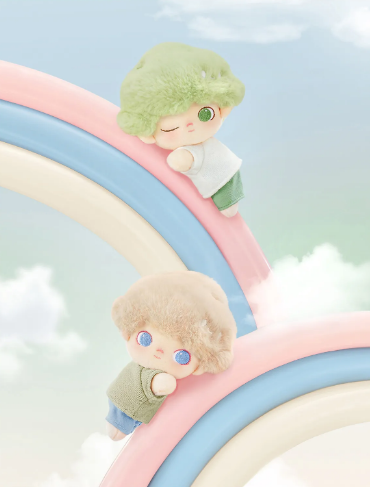 POP MART Dimoo Cloud Companion series figurine set with soft pastel colors and playful characters on rainbows