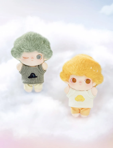POP MART Dimoo Cloud Companion series figurine set with green and yellow hair plush dolls on a cloud background