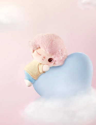 POP MART Dimoo Cloud Companion series figurine with pink hair leaning on a blue heart on a cloud