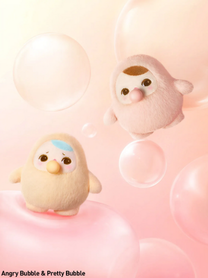 POP MART Pucky Beanie Bubble Up collectibles featuring cute soft plush characters with bubbles on a pink background