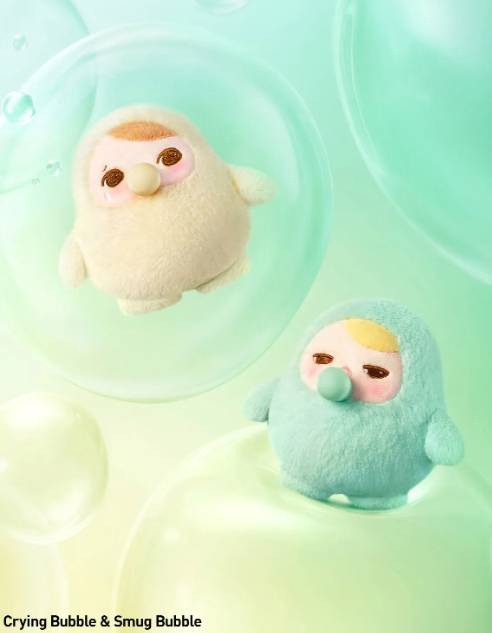 POP MART Pucky Beanie Bubble Up collectibles featuring soft plush characters in pastel colors inside clear bubbles