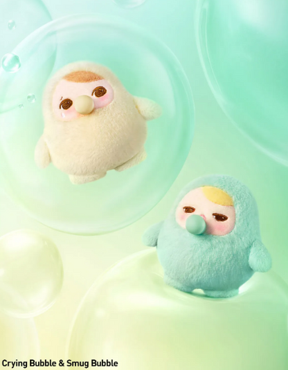 POP MART Pucky Beanie Bubble Up collectibles featuring soft plush characters in pastel colors inside clear bubbles