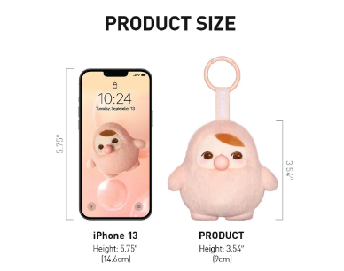 Pucky Beanie Bubble Up collectibles plush keychain next to iPhone 13 showing size comparison