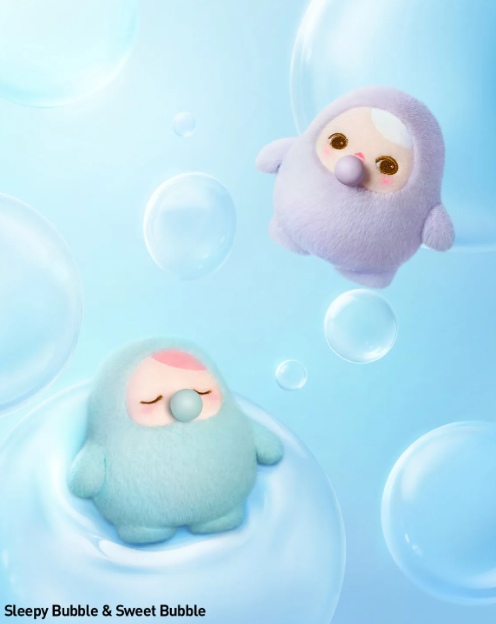 POP MART Pucky Beanie Bubble Up collectibles featuring two soft plush characters blowing bubbles