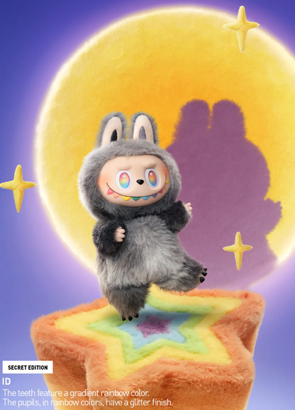 POP MART collectible figure from THE MONSTERS Energy Series wearing a fuzzy gray costume with rainbow-colored eyes