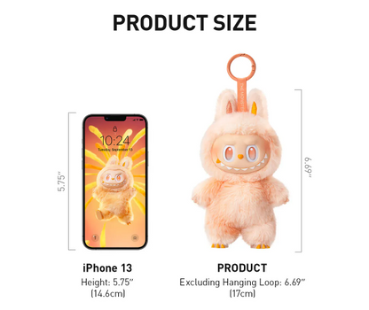 POP MART THE MONSTERS Energy Series plush keychain size comparison next to iPhone 13