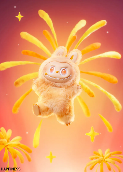 POP MART THE MONSTERS Energy Series yellow fluffy monster figure with bunny ears on glowing background